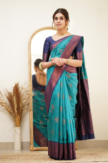 Designer Firozi Soft Silk Saree with Surpassing Blouse Piece