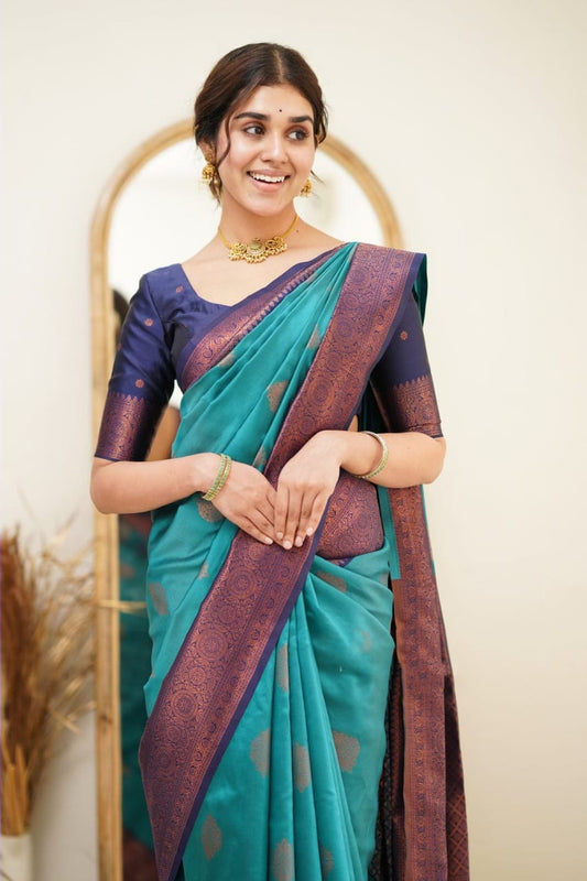 Designer Firozi Soft Silk Saree with Surpassing Blouse Piece