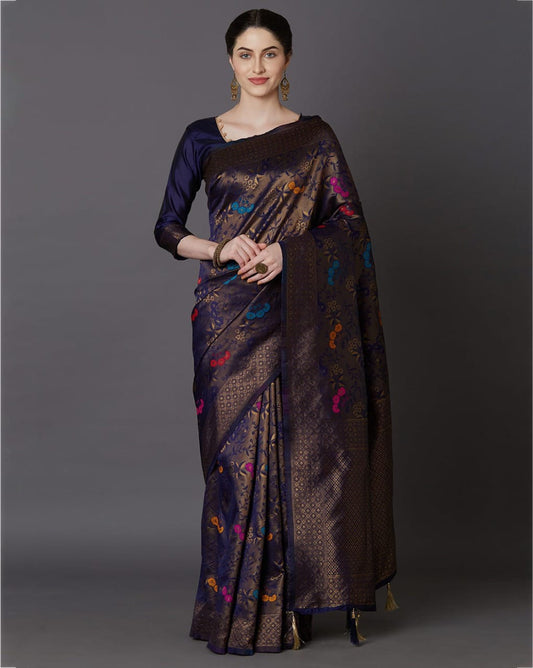Hypnotic Navy Blue Soft Banarasi Silk Saree With Intricate Blouse Piece