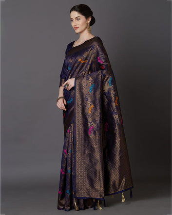 Hypnotic Navy Blue Soft Banarasi Silk Saree With Intricate Blouse Piece