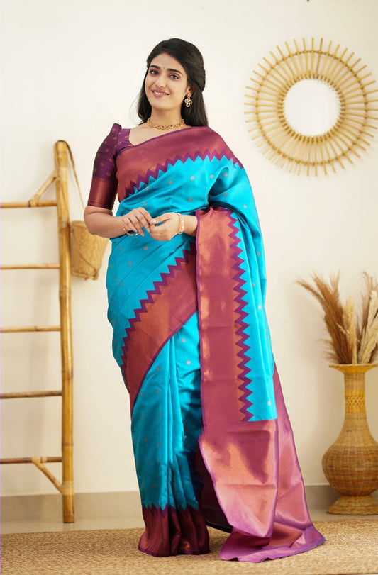 Charming Firozi Soft Banarasi Silk Saree With Attractive Blouse Piece